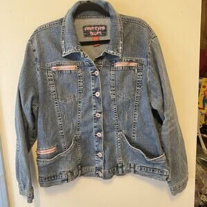 Y2K Women 1X Americana Blue Jean Denim Jacket Button Up Zip Pocket Truck Bikers